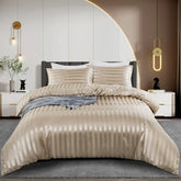 Luxury Satin Striped Duvet Cover Set - Ivory White Silky Bedding - Himpall
